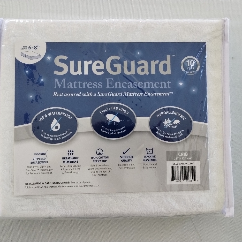 Crib Size SureGuard Mattress Encasement - 100% Waterproof, Bed Bug Proof 6-8"